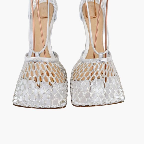 Bottega Veneta Stretch Lace-Up Sandals EU 37.5 7.5 Silver Mesh Fishnet High Heel - Picture 5 of 15